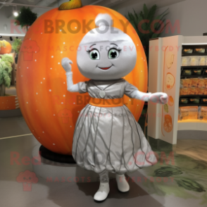 Silver Apricot mascot costume character dressed with a Dress and Bracelets