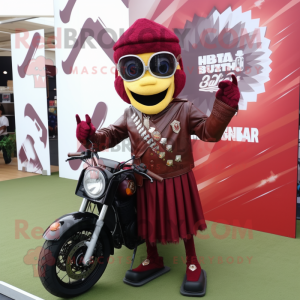 Maroon Biryani mascot costume character dressed with a Biker Jacket and Shoe clips