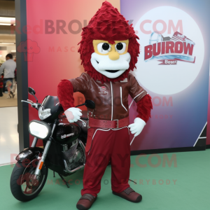 Maroon Biryani mascot costume character dressed with a Biker Jacket and Shoe clips