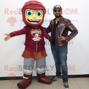 Maroon Biryani mascot costume character dressed with a Biker Jacket and Shoe clips