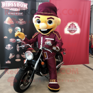 Maroon Biryani mascot costume character dressed with a Biker Jacket and Shoe clips