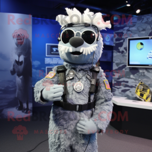 Silver Navy Seal mascot costume character dressed with a T-Shirt and Hair clips