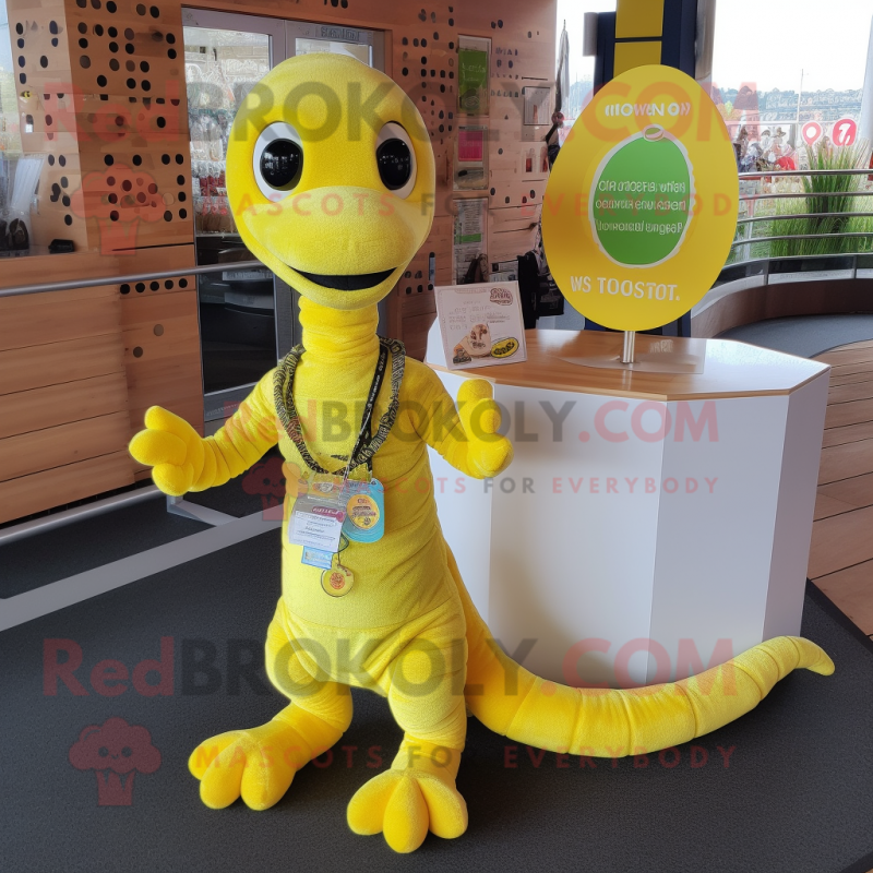 Lemon Yellow Loch Ness Monster mascot costume character dressed with a T-Shirt and Keychains Lemon Yellow Loch Ness Monster mascot costume character dressed with a T-Shirt and Keychains