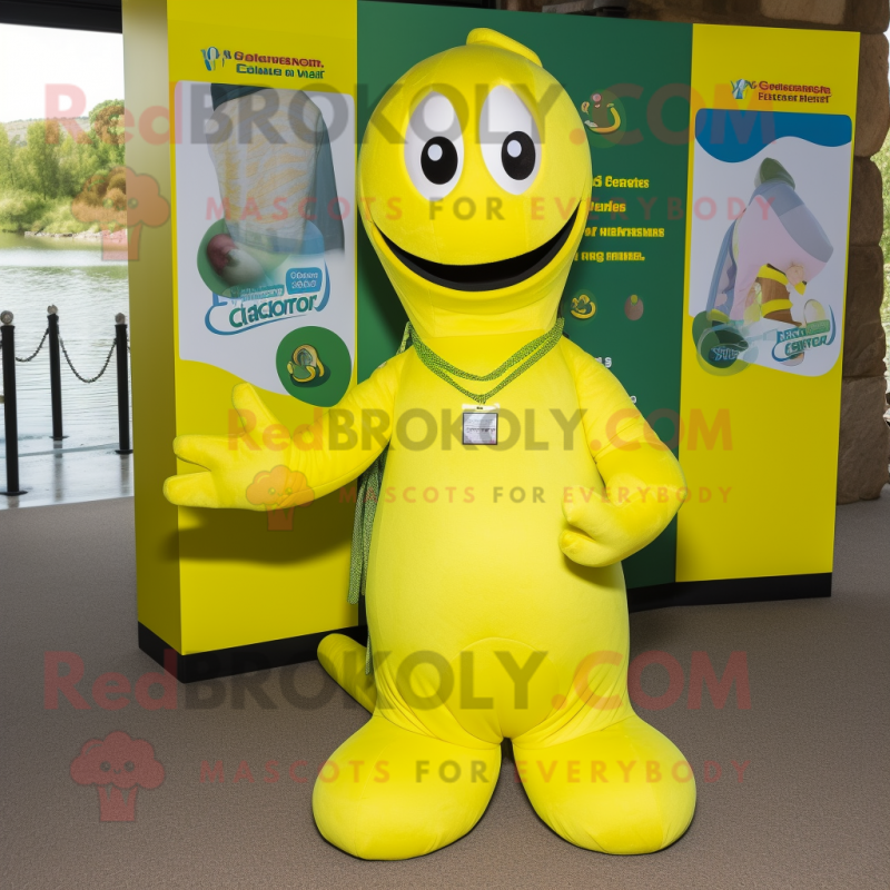 Lemon Yellow Loch Ness Monster mascot costume character dressed with a T-Shirt and Keychains Lemon Yellow Loch Ness Monster mascot costume character dressed with a T-Shirt and Keychains