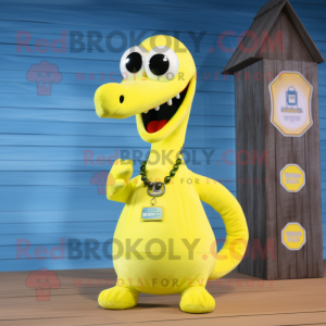 Lemon Yellow Loch Ness Monster mascot costume character dressed with a T-Shirt and Keychains