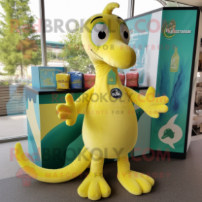 Lemon Yellow Loch Ness Monster mascot costume character dressed with a T-Shirt and Keychains