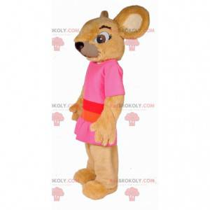 Rodent beige mouse mascot dressed in a pink outfit -