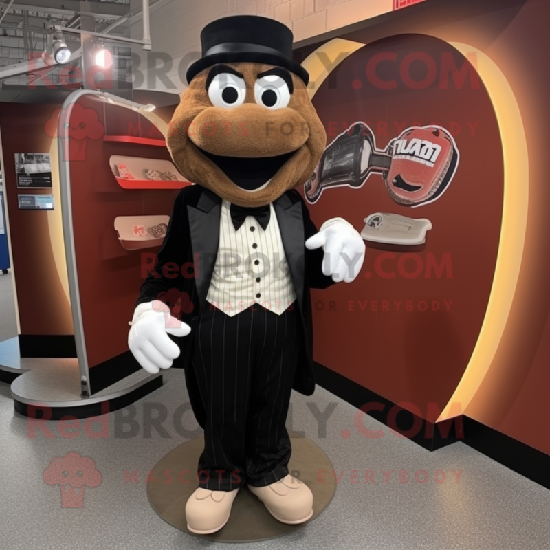 Brown Baseball Glove mascot costume character dressed with a Tuxedo and Shoe laces Brown Baseball Glove mascot costume character dressed with a Tuxedo and Shoe laces