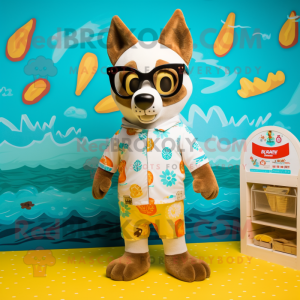 Cream Dingo mascot costume character dressed with a Swimwear and Sunglasses