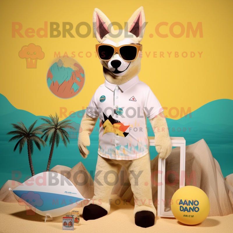 Cream Dingo mascot costume character dressed with a Swimwear and Sunglasses