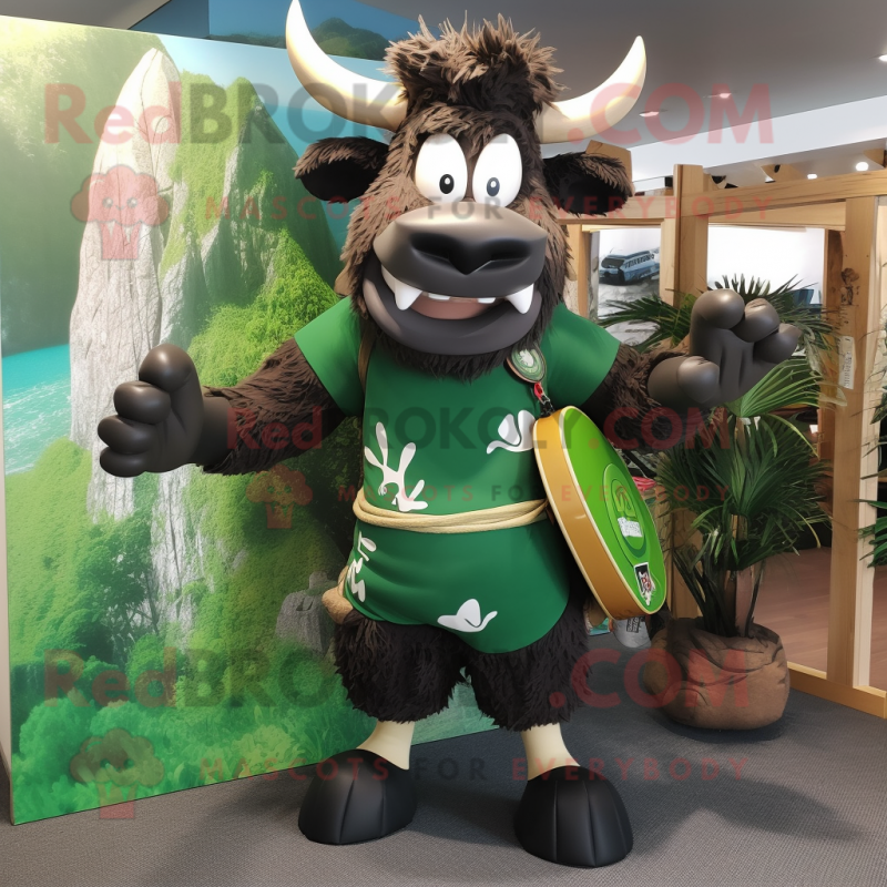 Forest Green Minotaur mascot costume character dressed with a Board Shorts and Backpacks