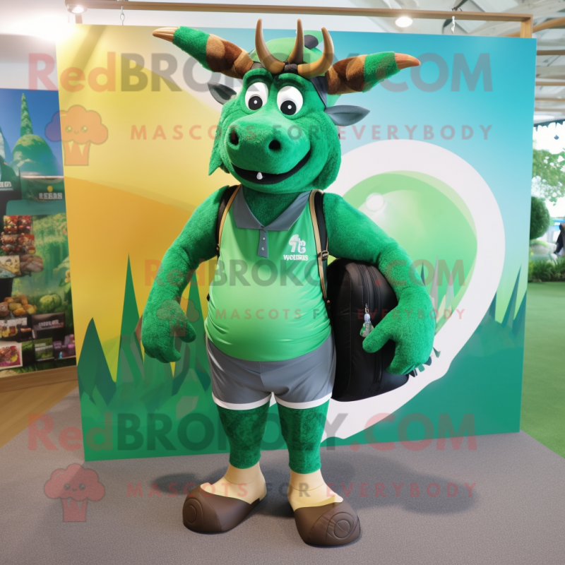 Forest Green Minotaur mascot costume character dressed with a Board Shorts and Backpacks