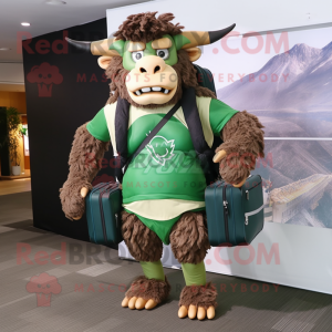 Forest Green Minotaur mascot costume character dressed with a Board Shorts and Backpacks