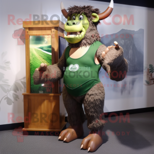 Forest Green Minotaur mascot costume character dressed with a Board Shorts and Backpacks