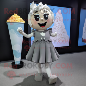 Gray Pop Corn mascot costume character dressed with a Mini Skirt and Foot pads