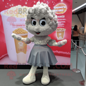 Gray Pop Corn mascot costume character dressed with a Mini Skirt and Foot pads