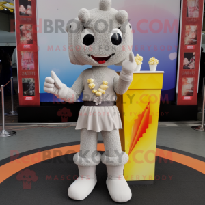 Gray Pop Corn mascot costume character dressed with a Mini Skirt and Foot pads