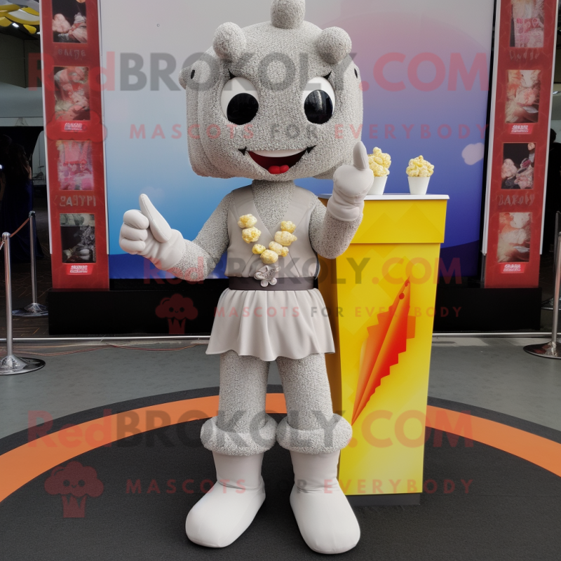 Gray Pop Corn mascot costume character dressed with a Mini Skirt and Foot pads Gray Pop Corn mascot costume character dressed with a Mini Skirt and Foot pads