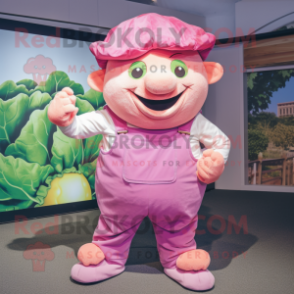 Pink Cabbage mascot costume character dressed with a Dungarees and Caps