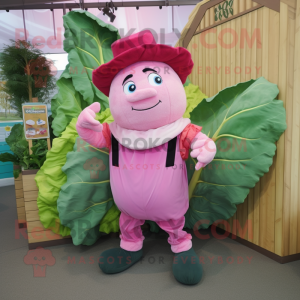 Pink Cabbage mascot costume character dressed with a Dungarees and Caps