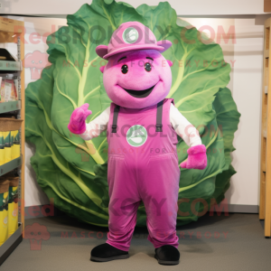 Pink Cabbage mascot costume character dressed with a Dungarees and Caps