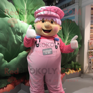 Pink Cabbage mascot costume character dressed with a Dungarees and Caps
