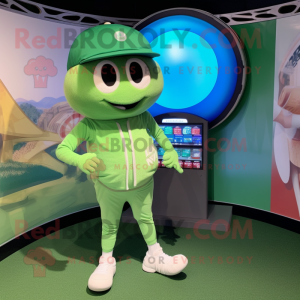 Green Baseball Ball mascot costume character dressed with a One-Piece Swimsuit and Digital watches