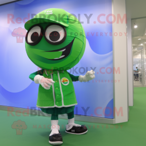 Green Baseball Ball mascot costume character dressed with a One-Piece Swimsuit and Digital watches
