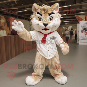 Cream Bobcat mascot costume character dressed with a Poplin Shirt and Wraps