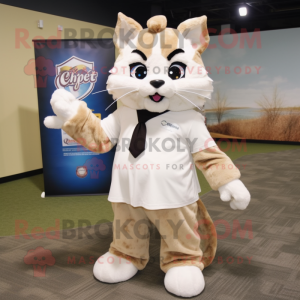 Cream Bobcat mascot costume character dressed with a Poplin Shirt and Wraps