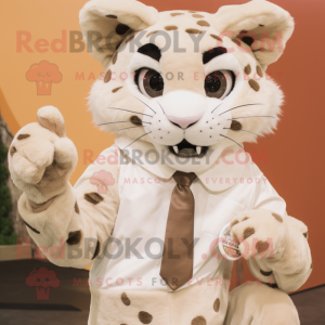 Cream Bobcat mascot costume character dressed with a Poplin Shirt and Wraps