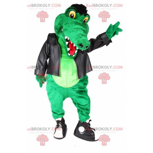 Mascota de cocodrilo verde en traje de rockero - Redbrokoly.com