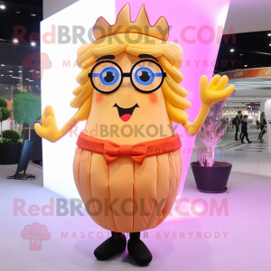 Peach French Fries mascot costume character dressed with a Evening Gown and Eyeglasses