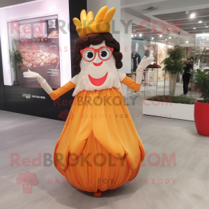 Peach French Fries mascot costume character dressed with a Evening Gown and Eyeglasses