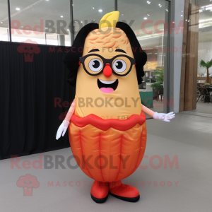 Peach French Fries mascot costume character dressed with a Evening Gown and Eyeglasses