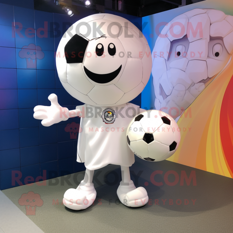 White Soccer Ball mascot costume character dressed with a Wrap Skirt and Rings