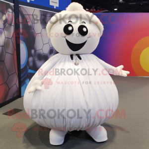 White Soccer Ball mascot costume character dressed with a Wrap Skirt and Rings