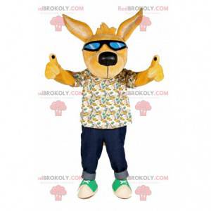 Żółta maskotka psa z okularami przeciwsłonecznymi -