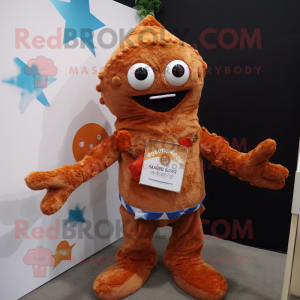 Rust Starfish mascot costume character dressed with a Cover-up and Rings