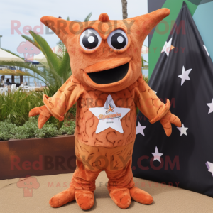 Rust Starfish mascot costume character dressed with a Cover-up and Rings
