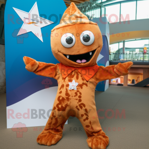 Rust Starfish mascot costume character dressed with a Cover-up and Rings