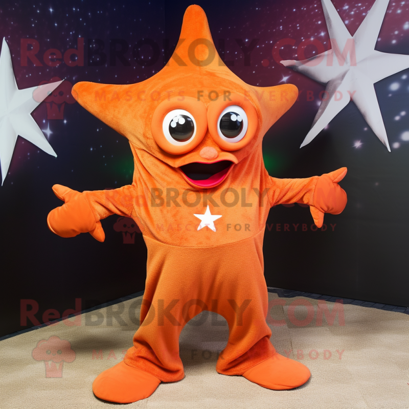 Rust Starfish mascot costume character dressed with a Cover-up and Rings