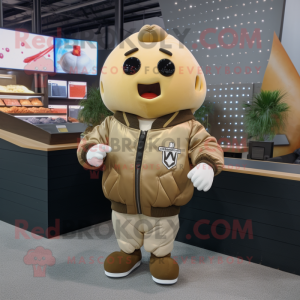 Tan Potato mascot costume character dressed with a Bomber Jacket and Keychains