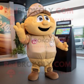 Tan Potato mascot costume character dressed with a Bomber Jacket and Keychains