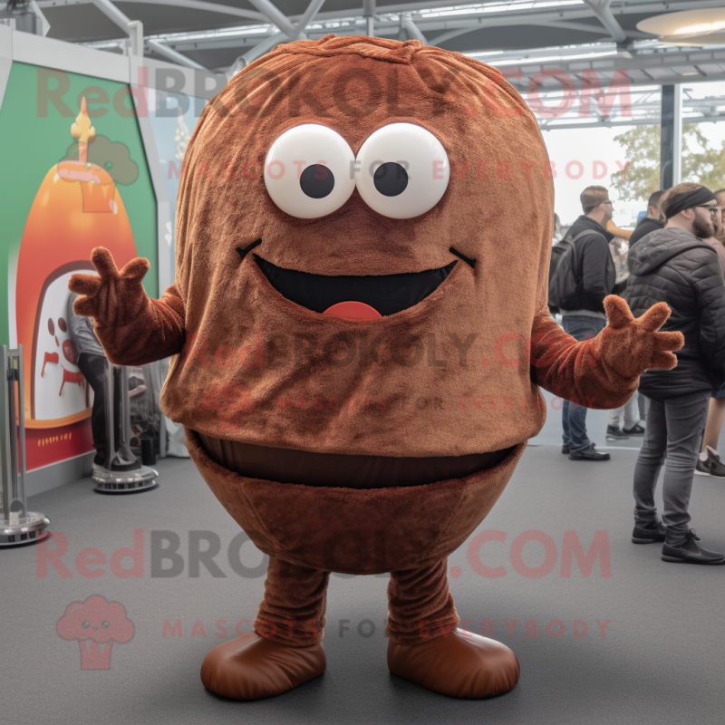 Brown Burgers mascot costume character dressed with a Corduroy Pants and Wraps