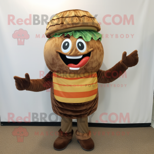 Brown Burgers mascot costume character dressed with a Corduroy Pants and Wraps