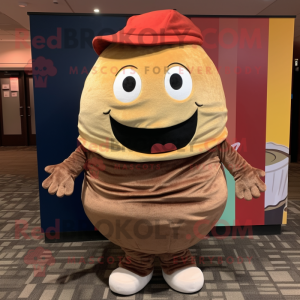 Brown Burgers mascot costume character dressed with a Corduroy Pants and Wraps