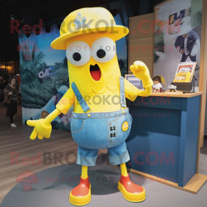 Yellow Squid mascot costume character dressed with a Denim Shorts and Brooches