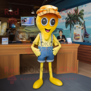 Yellow Squid mascot costume character dressed with a Denim Shorts and Brooches