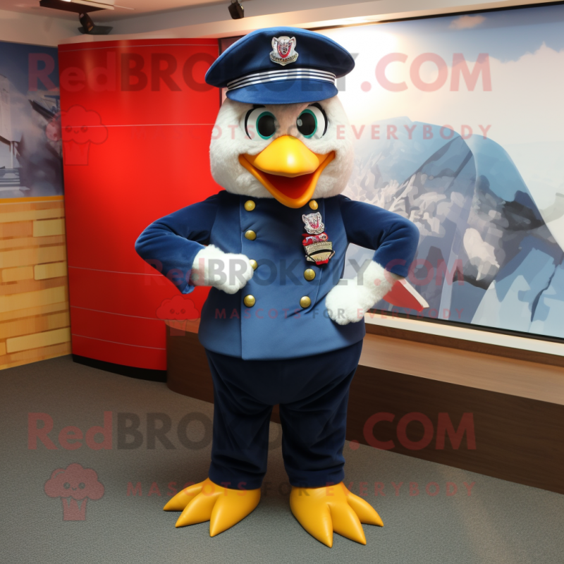 Navy Hens mascot costume character dressed with a Bootcut Jeans and Caps